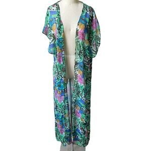 Steve Madden Green Tropical Hibiscus Mulit Color Long Kimono Cover up